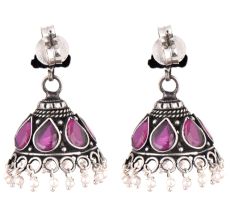 Handmade 92.5 Steling Siver Earrings Ametyst Stone Jhumki With Pearl Beads