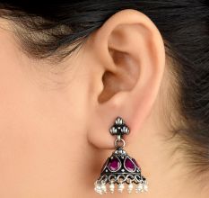 Handmade 92.5 Steling Siver Earrings Ametyst Stone Jhumki With Pearl Beads