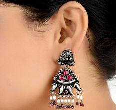 Peacock  Stud 92.5 Sterling Silver Earings Floral Pink Fuchsia Buds Red Chalcedony And pearl Beads Danglers