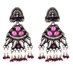 Peacock  Stud 92.5 Sterling Silver Earings Floral Pink Fuchsia Buds Red Chalcedony And pearl Beads Danglers