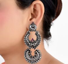 Long Peacock Design 92.5 Sterling Silver Earrings Two Layers Floral Design Pink Fuchsia Chandbali Danglers