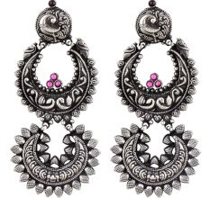 Long Peacock Design 92.5 Sterling Silver Earrings Two Layers Floral Design Pink Fuchsia Chandbali Danglers