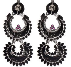 Long Peacock Design 92.5 Sterling Silver Earrings Two Layers Floral Design Pink Fuchsia Chandbali Danglers