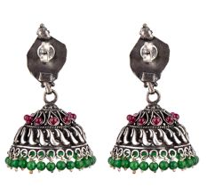 92.5 Stering Silver Earrings Tribal Stud Amethyst And Green Onyx Stone Jhumki