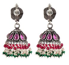 Dual Fish Engraved 92.5 Sterlling Silver Earrings Pink Tourmaline And Green Onyx Stone Jhumki