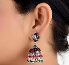 Dual Fish Engraved 92.5 Sterlling Silver Earrings Pink Tourmaline And Green Onyx Stone Jhumki