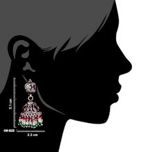 Dual Fish Engraved 92.5 Sterlling Silver Earrings Pink Tourmaline And Green Onyx Stone Jhumki