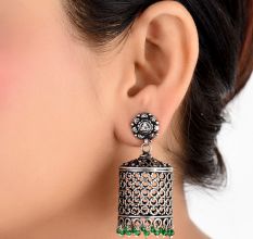 92.5 Sterling Silver Earrings Drum Shaped jali Design With Onyx beads Hangings