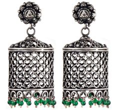 92.5 Sterling Silver Earrings Drum Shaped jali Design With Onyx beads Hangings