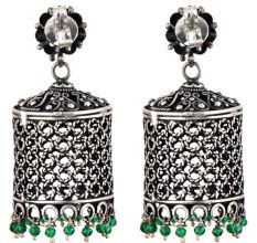 92.5 Sterling Silver Earrings Drum Shaped jali Design With Onyx beads Hangings