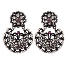 Embossed Design 92.5 Sterling silver Earring Chandbali Amethyst Stone Studdded Danglers