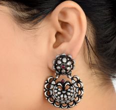 Embossed Design 92.5 Sterling silver Earring Chandbali Amethyst Stone Studdded Danglers