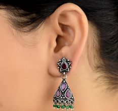 Small 92.5 Sterling silver Earrings Amethst Studded Pyramid  Jhumki with Green Onyx Beads