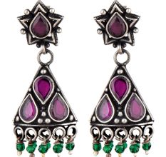 Small 92.5 Sterling silver Earrings Amethst Studded Pyramid  Jhumki with Green Onyx Beads