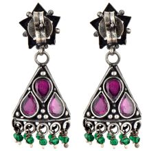Small 92.5 Sterling silver Earrings Amethst Studded Pyramid  Jhumki with Green Onyx Beads
