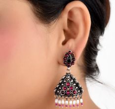 92.5 Sterling Silvre Earrings Triangle Shaped Pink Tourmaline Pearl Beads Hangings