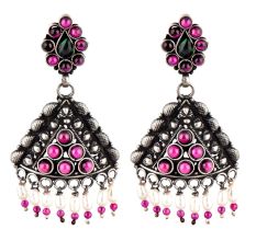 92.5 Sterling Silvre Earrings Triangle Shaped Pink Tourmaline Pearl Beads Hangings
