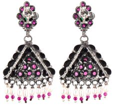92.5 Sterling Silvre Earrings Triangle Shaped Pink Tourmaline Pearl Beads Hangings