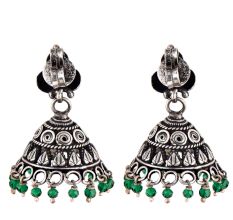 Casual 92.5 Sterling Silver Earrings Engraved Geometric Design Green Onyx Beads Jhumki