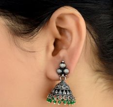 Casual 92.5 Sterling Silver Earrings Engraved Geometric Design Green Onyx Beads Jhumki
