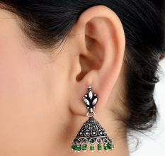 92.5 Sterling Silver Earrings Engraved Floral Stud Green Onyx Beads Jhumki