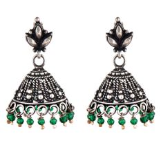 92.5 Sterling Silver Earrings Engraved Floral Stud Green Onyx Beads Jhumki