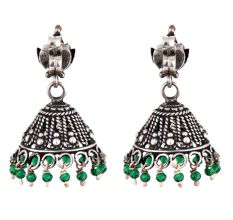 92.5 Sterling Silver Earrings Engraved Floral Stud Green Onyx Beads Jhumki