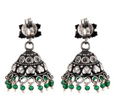 Floral 92.5 Sterling silver earrings Embossed Design Green onyx Beads Jhumki
