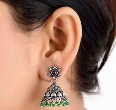 Floral 92.5 Sterling silver earrings Embossed Design Green onyx Beads Jhumki