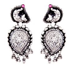 92.5 Sterling silver Earrings Fish Stud Floral Design Danglers with Ghungaroos