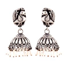 92.5 Sterling Silver Earrings Peacock Engraved Stud Tribal Jhumki Pearl Beads