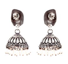 92.5 Sterling Silver Earrings Peacock Engraved Stud Tribal Jhumki Pearl Beads