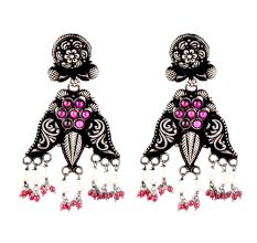 92.5 Sterling Silver Earrings Floral Vines Three corners pearl and Jade Quartz Stone Tassels