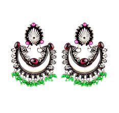 Colorful 92.5 Sterling Silver Chandbali Earrings Pink Jade Quartz And Green Peridot Beads Tassels