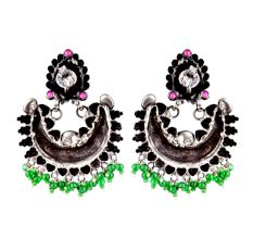 Colorful 92.5 Sterling Silver Chandbali Earrings Pink Jade Quartz And Green Peridot Beads Tassels