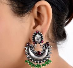 Colorful 92.5 Sterling Silver Chandbali Earrings Pink Jade Quartz And Green Peridot Beads Tassels