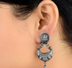 92.5 Sterling Silver Earrings Goddess Laxmi Tribal Geometric Pattern Chandbali Earrings
