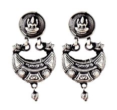 92.5 Sterling Silver Earrings Goddess Laxmi Tribal Geometric Pattern Chandbali Earrings