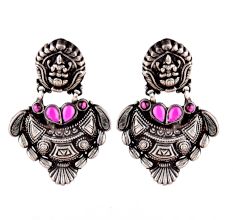 92.5 Sterling Silver Earrings  Lama Stud with Motifs With Fuchsia Jade Stone