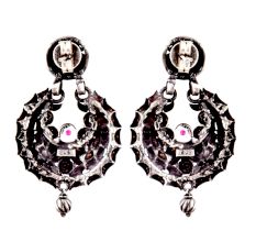 Black 92.5 Sterling Silver Earrings Small Embossed Motifs Fuchsia Chandbali Earrings