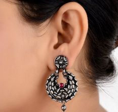 Black 92.5 Sterling Silver Earrings Small Embossed Motifs Fuchsia Chandbali Earrings