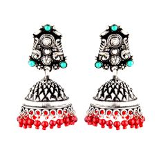 Tribal Design 95.5 Sterling Silver Earrings With Turquoise And Coral Stone Tassels