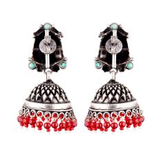Tribal Design 95.5 Sterling Silver Earrings With Turquoise And Coral Stone Tassels