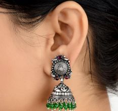 92.5 Sterling Silver Earrings With Engraved Design Fuchsia Jade And Green Onyx Jhumki