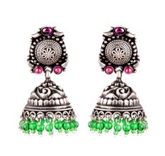 92.5 Sterling Silver Earrings With Engraved Design Fuchsia Jade And Green Onyx Jhumki