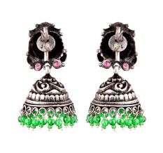 92.5 Sterling Silver Earrings With Engraved Design Fuchsia Jade And Green Onyx Jhumki