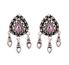 Big Pear Shaped 92.5 Sterling silver Earrings With Amethyst Stone And Three silver Beads Tassels