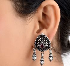 Big Pear Shaped 92.5 Sterling silver Earrings With Amethyst Stone And Three silver Beads Tassels
