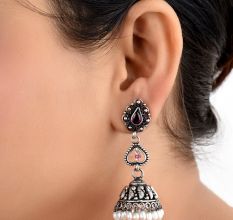 Wired Floral 92.5 Sterling silver Earrings With Pink Jade Motifs And Pearl Tassels Jhumkis