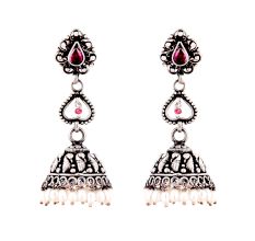 Wired Floral 92.5 Sterling silver Earrings With Pink Jade Motifs And Pearl Tassels Jhumkis